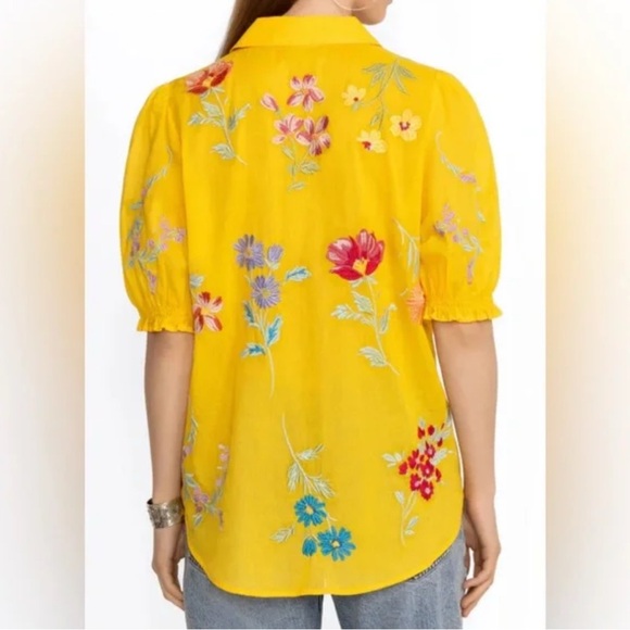 Johnny Was Evangeline Yellow Botton Down Emroidered Puss Sleeve Top - Picture 2 of 9